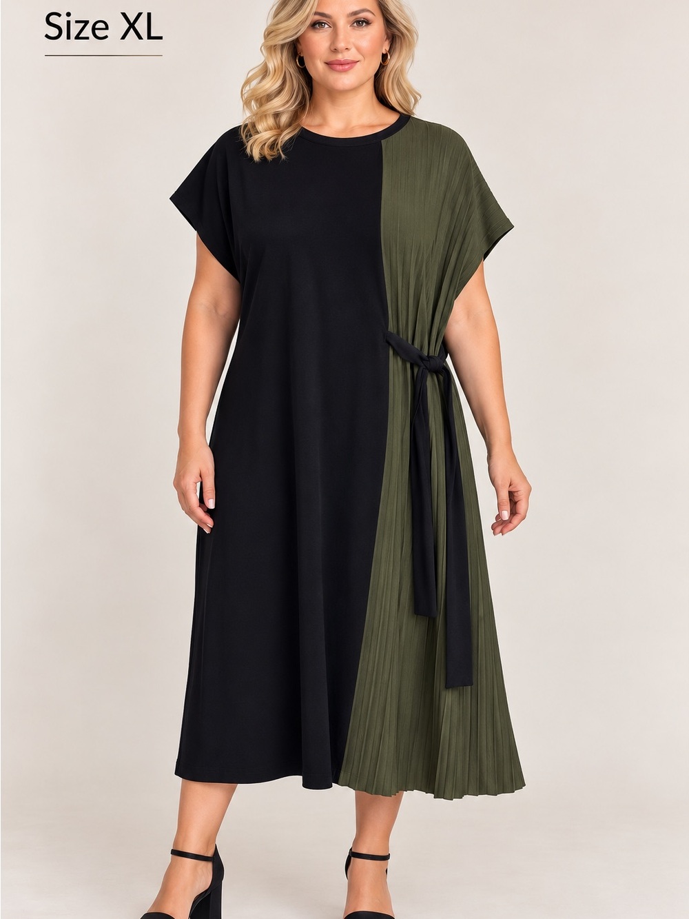 Dex Black and Olive Green Side-Tie Pleated Midi Dress